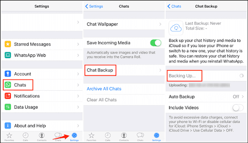 Go to WhatsApp’s Settings > Select Chat > Chat Backup and then tap Back Up Now to create a recent WhatsApp backup file