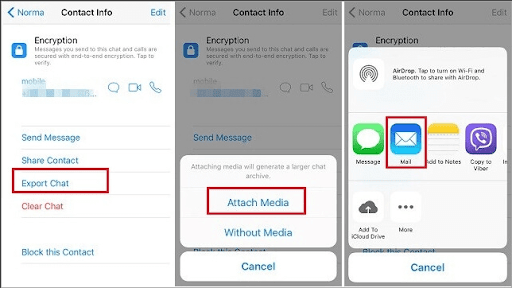 Choose Attach Media (including media files in the conversation) or Without Media > Proceed by selecting Mail and inputting your email address